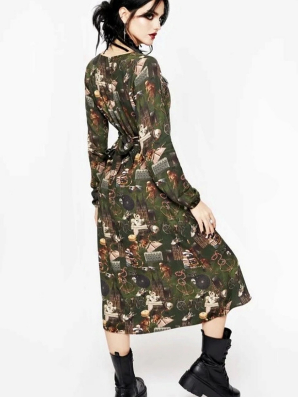 Olive Green Sleeve Dress Snake Print
